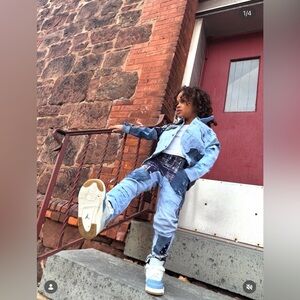 Patchwork Light Wash Denim Jacket & Jeans Set - Blue Bandana Accents